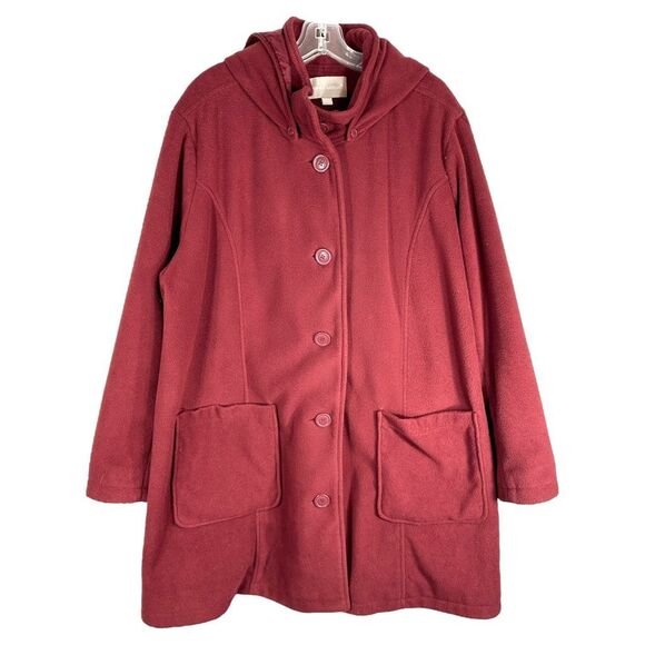 Woman Within Jackets & Blazers - Woman Within‎ 26W Coat Fleece Jacket Hooded Heavy Lined Red Maroon Buttons A